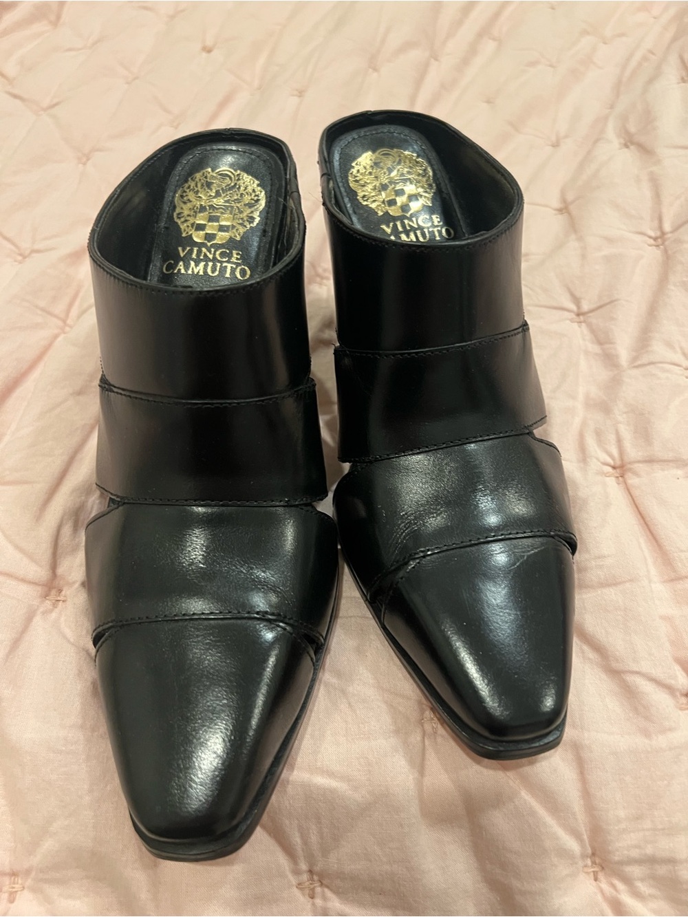 Vince Camuto Black Leather Pointed Backless Slip-On Mules